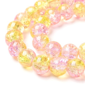 perles de verre - rondes - 8 mm - craquelé - rose et jaune pale