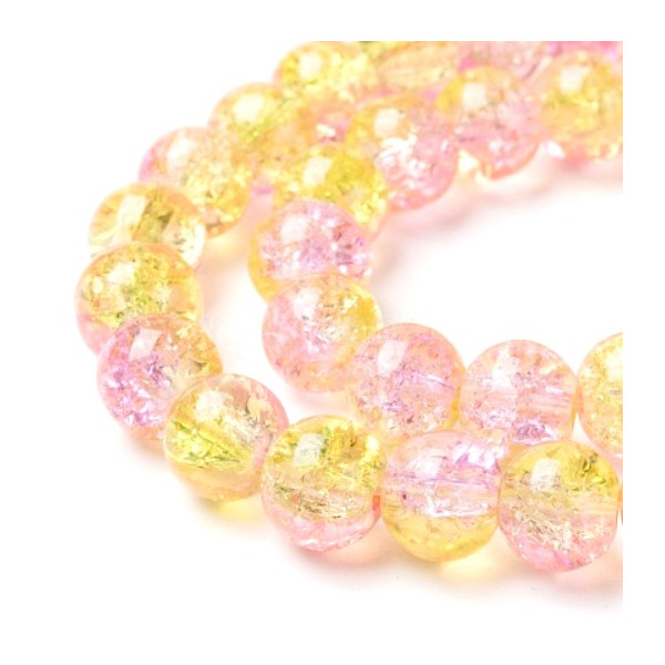 perles de verre - rondes - 8 mm - craquelé - rose et jaune pale