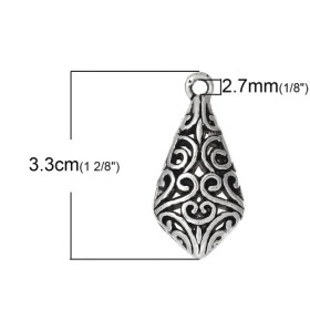 PS1163293  PAX 2 pendentifs  Goutte Travaillée Ethnique 33 mm métal couleur Argent Antique
