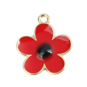 Pendentifs Fleur 19mm Style Émail Rouge Métal Doré