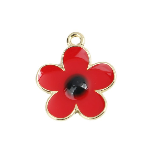 Pendentifs Fleur 19mm Style Émail Rouge Métal Doré