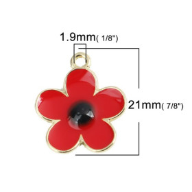 Pendentifs Fleur 19mm Style Émail Rouge Métal Doré