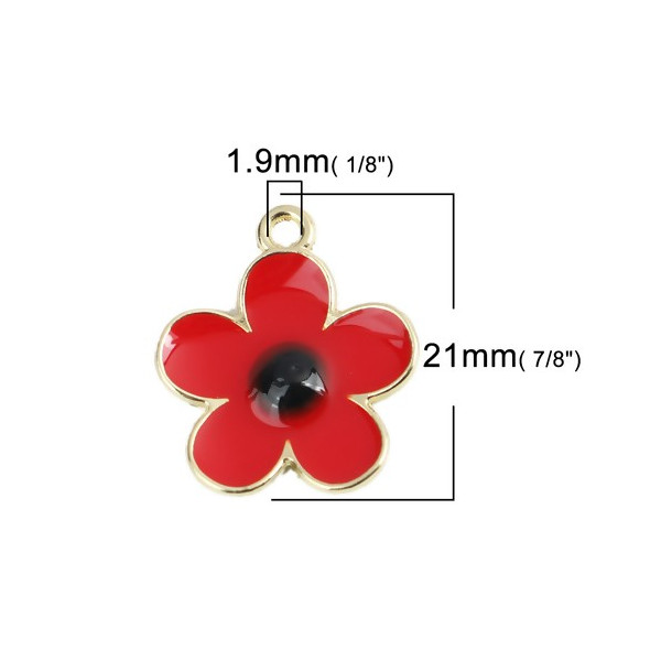 Pendentifs Fleur 19mm Style Émail Rouge Métal Doré