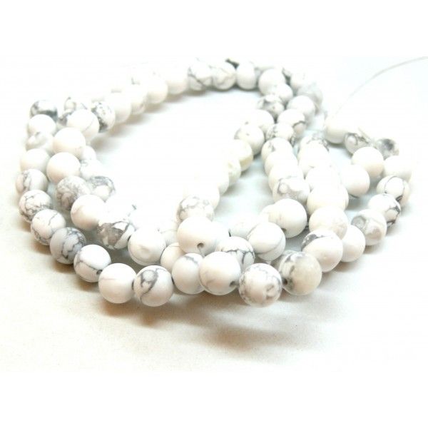 Perles rondes 8 mm, Howlite Blanc Gris, veiné effet GIVRE