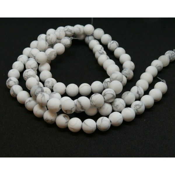 Perles rondes 6 mm, Howlite Blanc Gris, veiné effet GIVRE