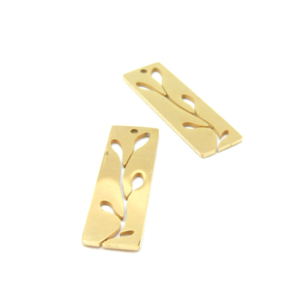 Pendentif - Géométrique - Rectangle avec Feuille - 28 mm - Doré en Acier Inoxydable 201 - pour bijoux raffinés