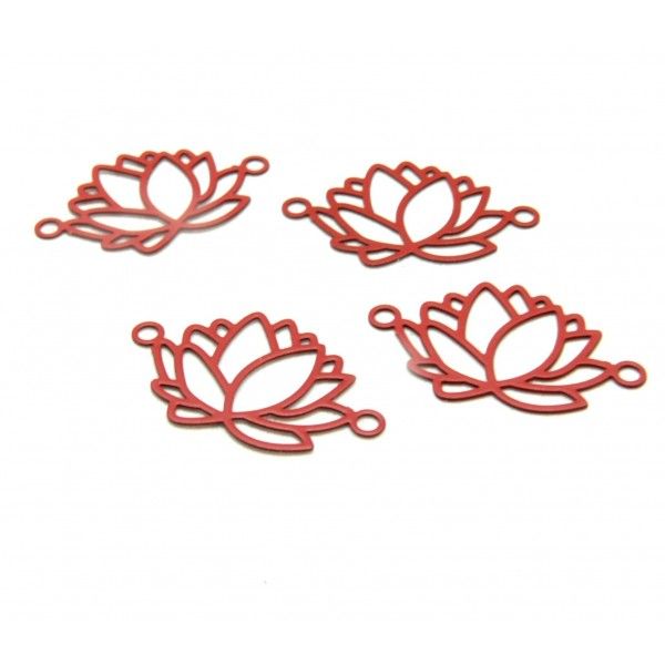 HT4219C PAX de 10 Estampes pendentif connecteur filigrane Fleur de lotus 23mm métal couleur Rouge
