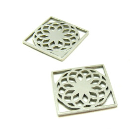 H119771 PAX 2 Connecteurs - Rosace - Mandala dans Carré - 18 mm - Argenté en Acier Inoxydable 201 - pour bijoux raffinés