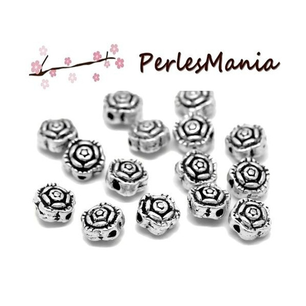 PAX 20 perles intercalaires passants FLEUR BIFACE 7mm metal couleur ARGENT ANTIQUE ( S1120746 )