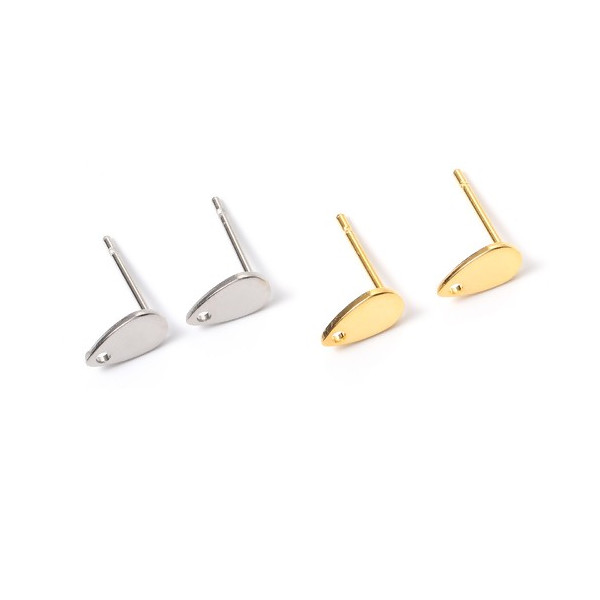 Boucles d'oreille, clou mini Goutte,  puce avec Trou 8 mm Acier Inoxydable coloris Argent Platine vendu avec embouts plastique