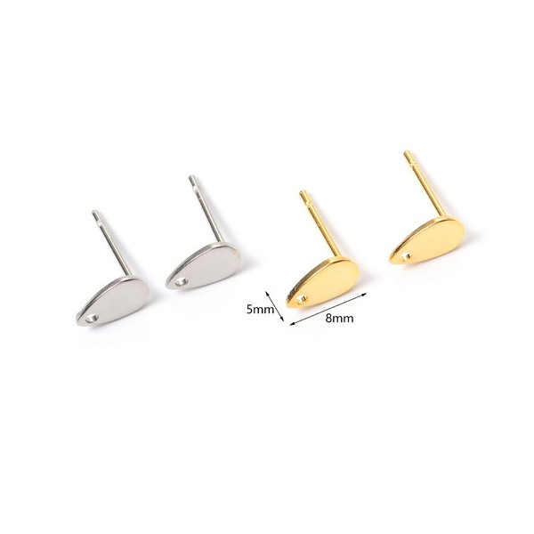 Boucles d'oreille, clou mini Goutte,  puce avec Trou 8 mm Acier Inoxydable coloris Argent Platine vendu avec embouts plastique