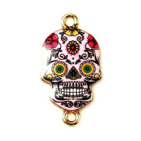 Connecteurs Crâne Halloween Dia de los Muertos 25mm Métal Doré Résine Émaillée