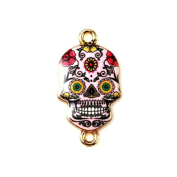 Connecteurs Crâne Halloween Dia de los Muertos 25mm Métal Doré Résine Émaillée