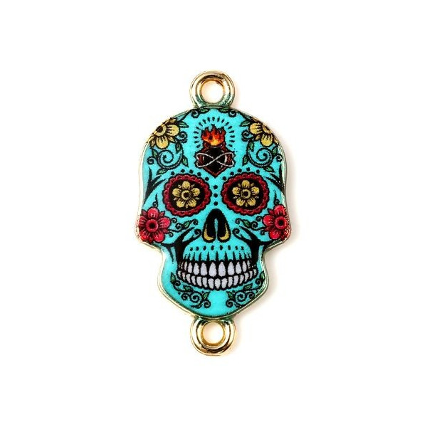 PS11734984 PAX 4 Connecteurs Crane, Halloween, Dia de los muertos 25 mm métal doré Résine style emaillé