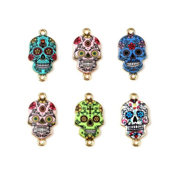 PS11734984 PAX 4 Connecteurs Crane, Halloween, Dia de los muertos 25 mm métal doré Résine style emaillé
