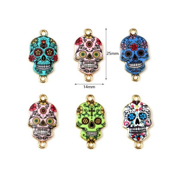 PS11734984 PAX 4 Connecteurs Crane, Halloween, Dia de los muertos 25 mm métal doré Résine style emaillé