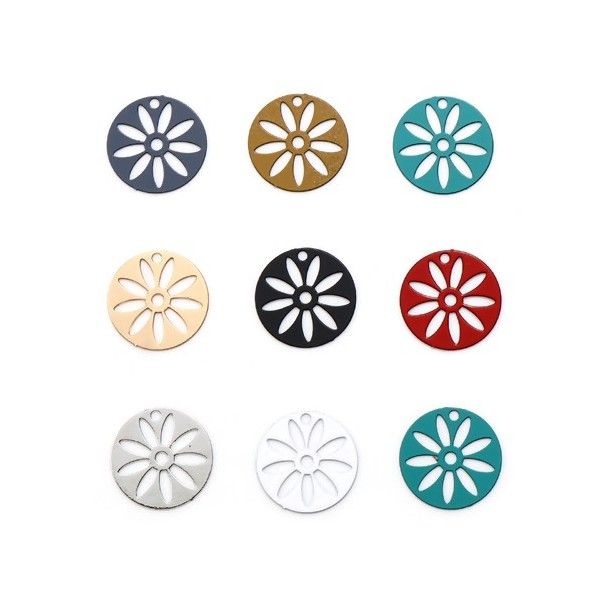 PS11738747 PAX 20 Estampes, pendentifs Fleur, Cercle, Soleil 16 mm, métal coloris Blanc