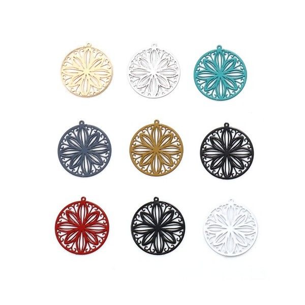 PS11738741 PAX 10 Estampes, pendentif filigrane, style Rosace, Mandala 20 mm, Coloris Argent Platine