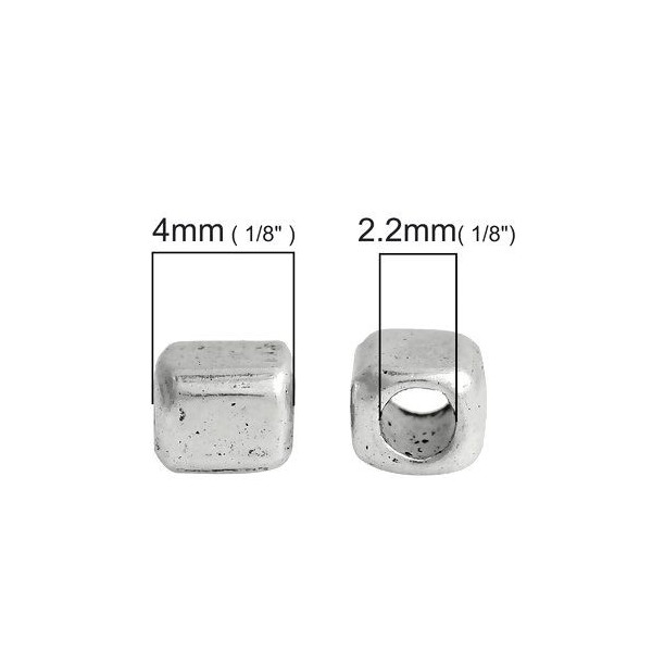 PS110081420 PAX 50 perles intercalaire, cube 4mm trou 2.2mm, métal couleur Argent Antique