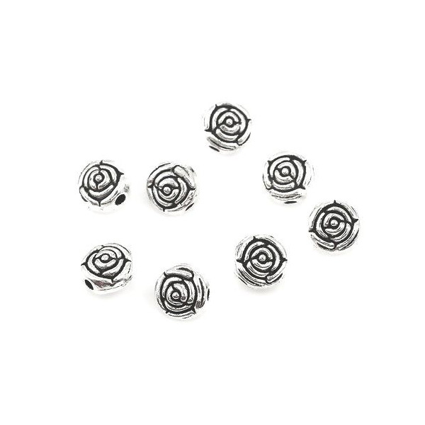 PS110117681 PAX 20 perles intercalaires, PLATES RONDES 7 mm, Forme Fleurs, metal couleur Argent Antique