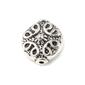 Perles intercalaires, PLATES RONDES 11 mm, Arabesque, metal couleur Argent Antique