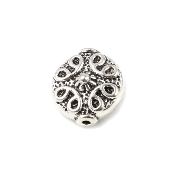 Perles intercalaires, PLATES RONDES 11 mm, Arabesque, metal couleur Argent Antique