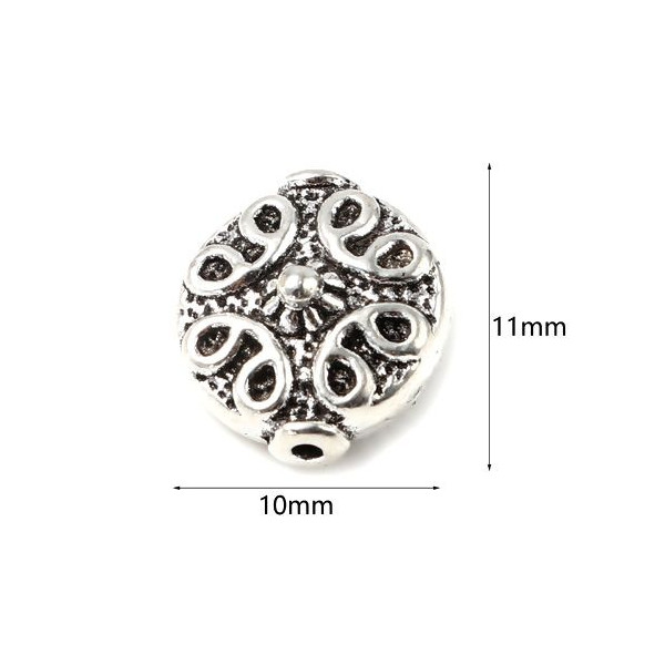 Perles intercalaires, PLATES RONDES 11 mm, Arabesque, metal couleur Argent Antique