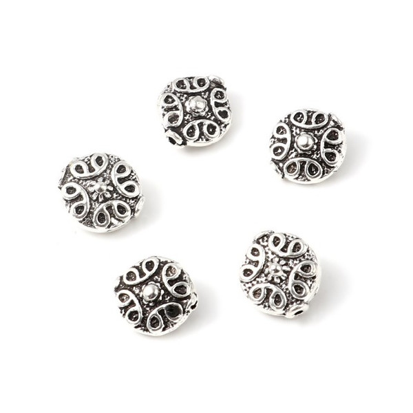 Perles intercalaires, PLATES RONDES 11 mm, Arabesque, metal couleur Argent Antique