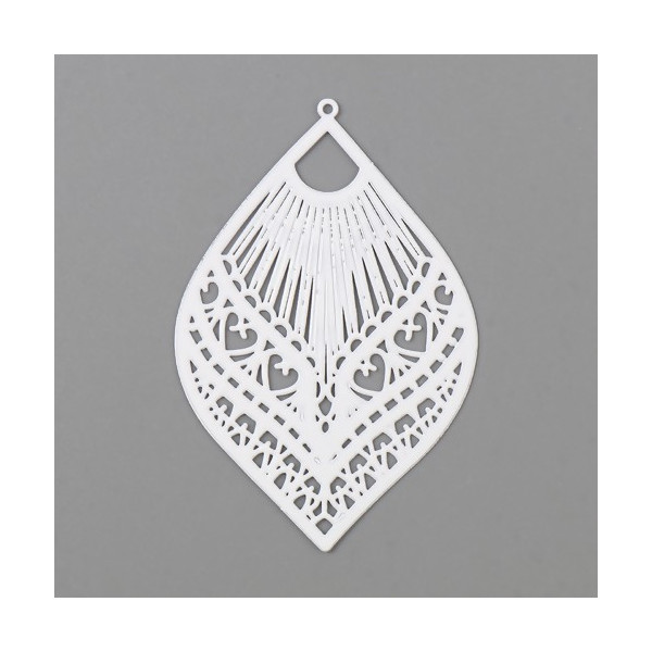 Estampes, pendentif filigrane, forme Goutte, Grand Eventail 59 mm, Coloris Blanc