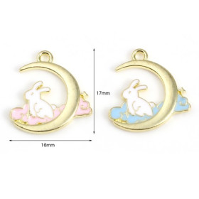 PS11746231 PAX 4 pendentifs - Lapin sur Lune Kawai 17 mm - style emaille - metal Doré