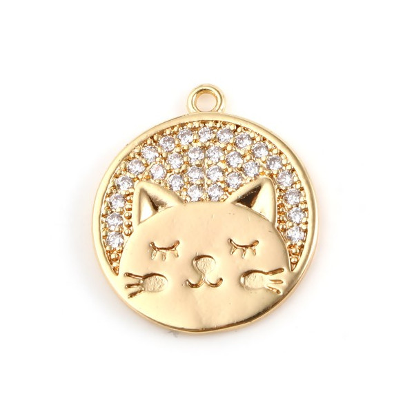 Pendentif Chat, Rhinestone 16 mm, Cuivre Doré à l'or fin 18KT