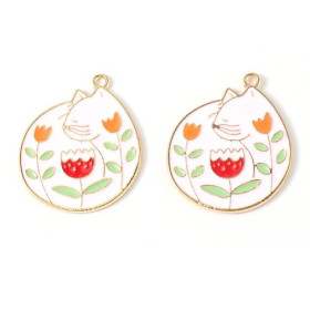 Pendentifs, émaillés Chat style Vintage 27 mm Blanc, métal coloris Doré