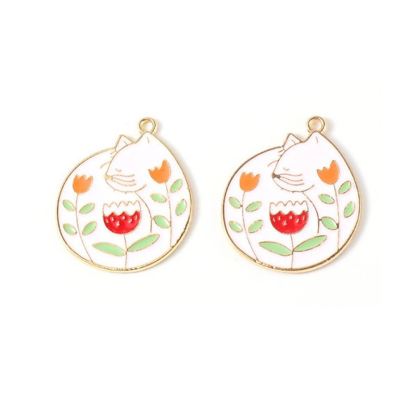 Pendentifs, émaillés Chat style Vintage 27 mm Blanc, métal coloris Doré
