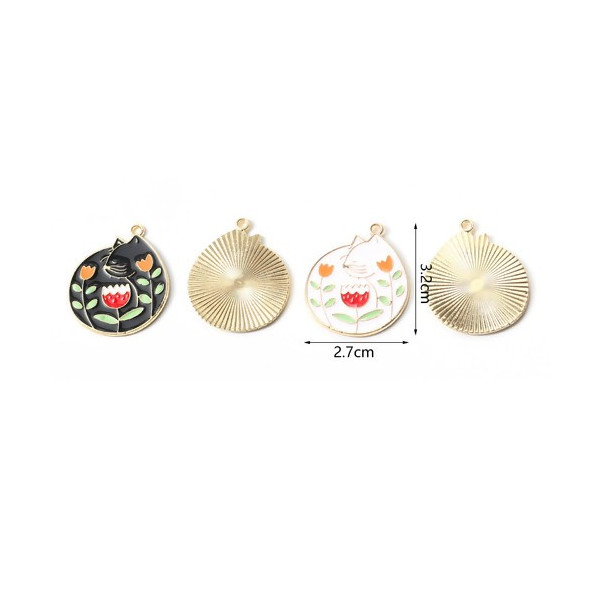 Pendentifs, émaillés Chat style Vintage 27 mm Blanc, métal coloris Doré