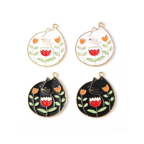 Pendentifs, émaillés Chat style Vintage 27 mm Blanc, métal coloris Doré