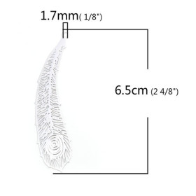 PS110206571 PAX de 4 Estampes pendentif filigrane Plume de Paon 65 mm métal couleur Argent Platine