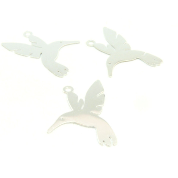 AE1112592 Lot de 4 Estampes, pendentif  Colibri, Oiseau mouche 23 par 22 mm, coloris Argent Vif