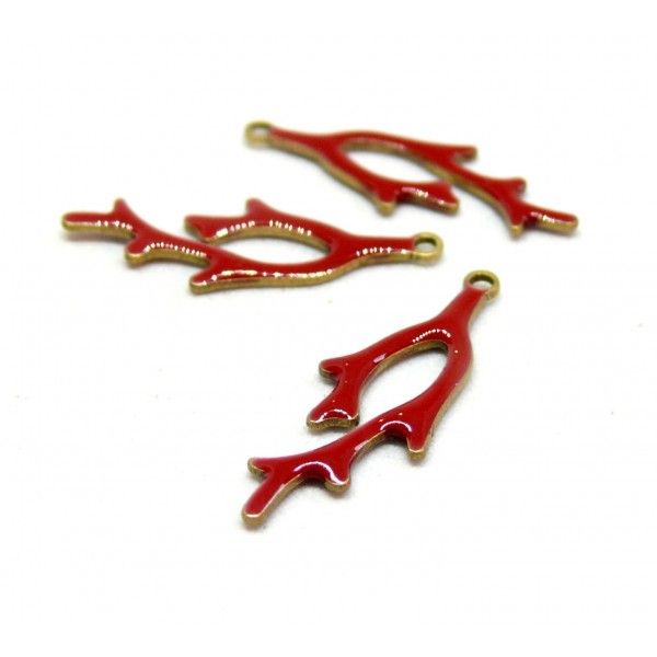Lot de 2 pendentifs style émaillé - forme Corail 22 par 8 mm coloris Rouge cuivre Doré