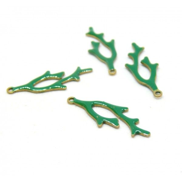 Lot de 2 pendentifs style émaillé - forme Corail 22 par 8 mm coloris Vert cuivre Doré