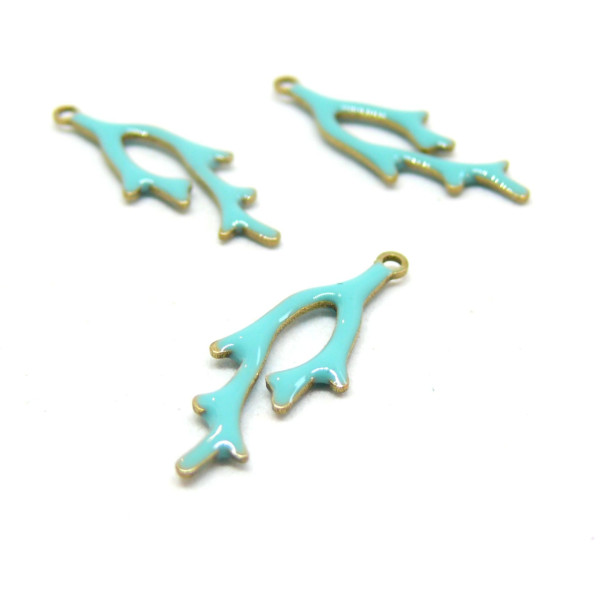 Lot de 2 pendentifs style émaillé - forme Corail 22 par 8 mm coloris Turquoise cuivre Doré