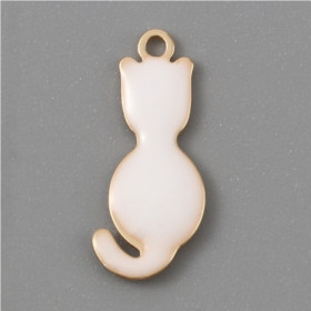 PS11733891 PAX 2 pendentifs, sequins médaillons, émaillés Chat 18 par 8mm Blanc sur une base métal doré