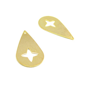 HF72735G PAX 4 pendentifs Goutte striée avec Etoile 27mm Laiton Couleur Doré 18KC50mm Laiton Couleur Doré 18KC