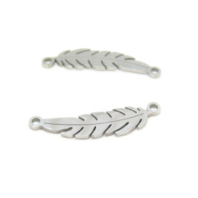 BU11200811103123 PAX 2 Pendentifs,Connecteurs  Forme Feuille, Plume 22 mm Acier Inoxydable couleur Argenté