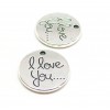 PS110204190 PAX 5 pendentifs, breloque Médaillon 20 mm message Biface " Love you " métal coloris Argent Antique