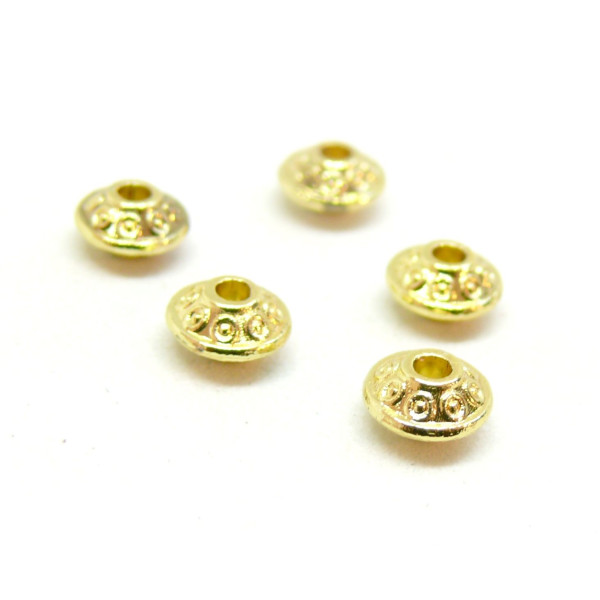 Perles Intercalaires,  Rondelles, Bicones Travaillées 6.5 mm, métal Plaqué Or 18KT