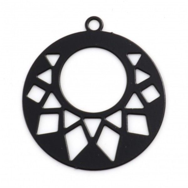 PS11759843 PAX 10 Estampes, pendentif, connecteur filigrane, Cercle Art Deco 20 mm, coloris Noir