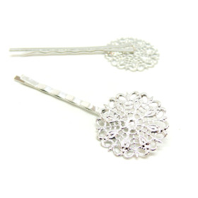 Supports de barrette Bob pin  Fleur dentelle 25mm, métal coloris Argent Platine