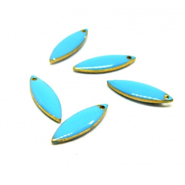 sequins, médaillons émaillés BIFACE, NAVETTES FINES 16 par 5 mm Bleu Turquoise sur une base en cuivre Doré