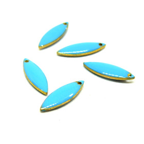 PS110238080 PAX 5 sequins médaillons émaillés BIFACE NAVETTES FINES 16 par 5 mm Bleu Turquoise sur une base en cuivre Doré