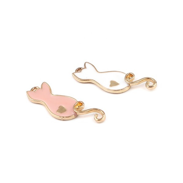 Pendentifs Breloques Chat Blanc Émaillé 23mm – Métal Doré